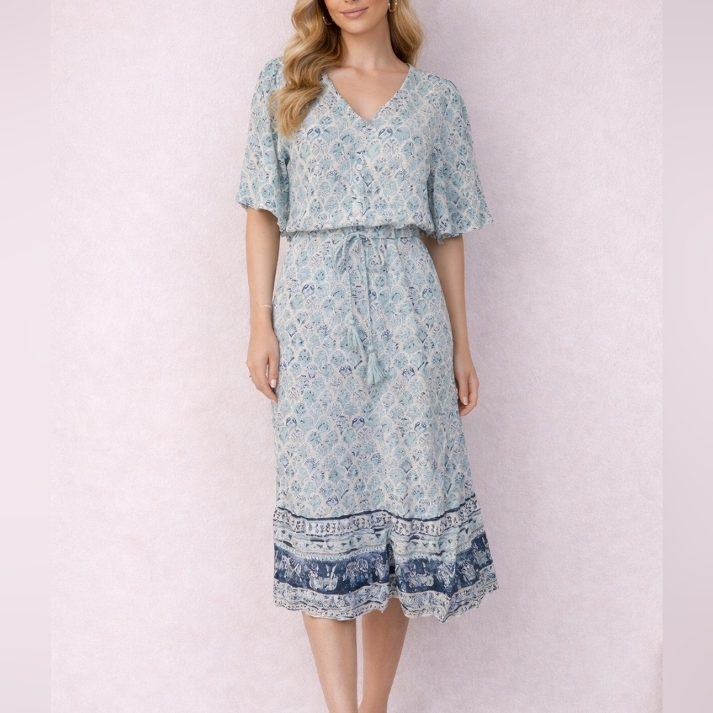 MARGAUX RIVIERA Icy Blue Patterned Short Sleeve V-Neck Blouson Shirt Dress
